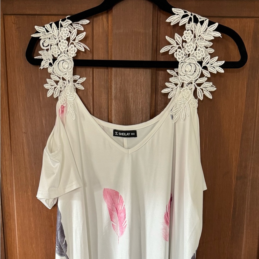 White Dress with Feather Print